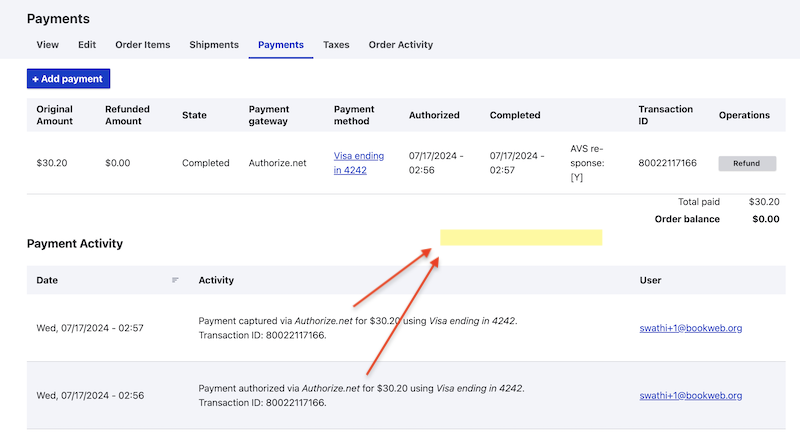 payments tab